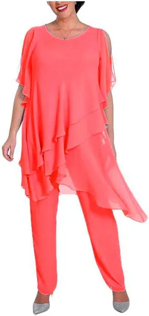 2 PC Mother of The Bride Pants Suit Plus Size Layered Chiffon Women Outfits Long Evening Gown Wedding Guest Dress