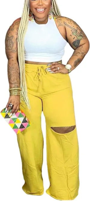2 Piece Outfits for Women Pure Color Sleeveless Ribbed Knit Tank Top Ripped Wide Legs Long Pants Tracksuit Sport Set