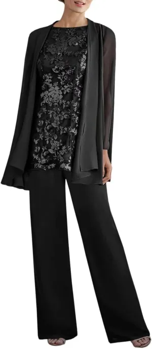 3 PCS Mother of The Bride Pant Suits for Women Dressy Long Sleeve Chiffon Formal Pantsuits for Wedding