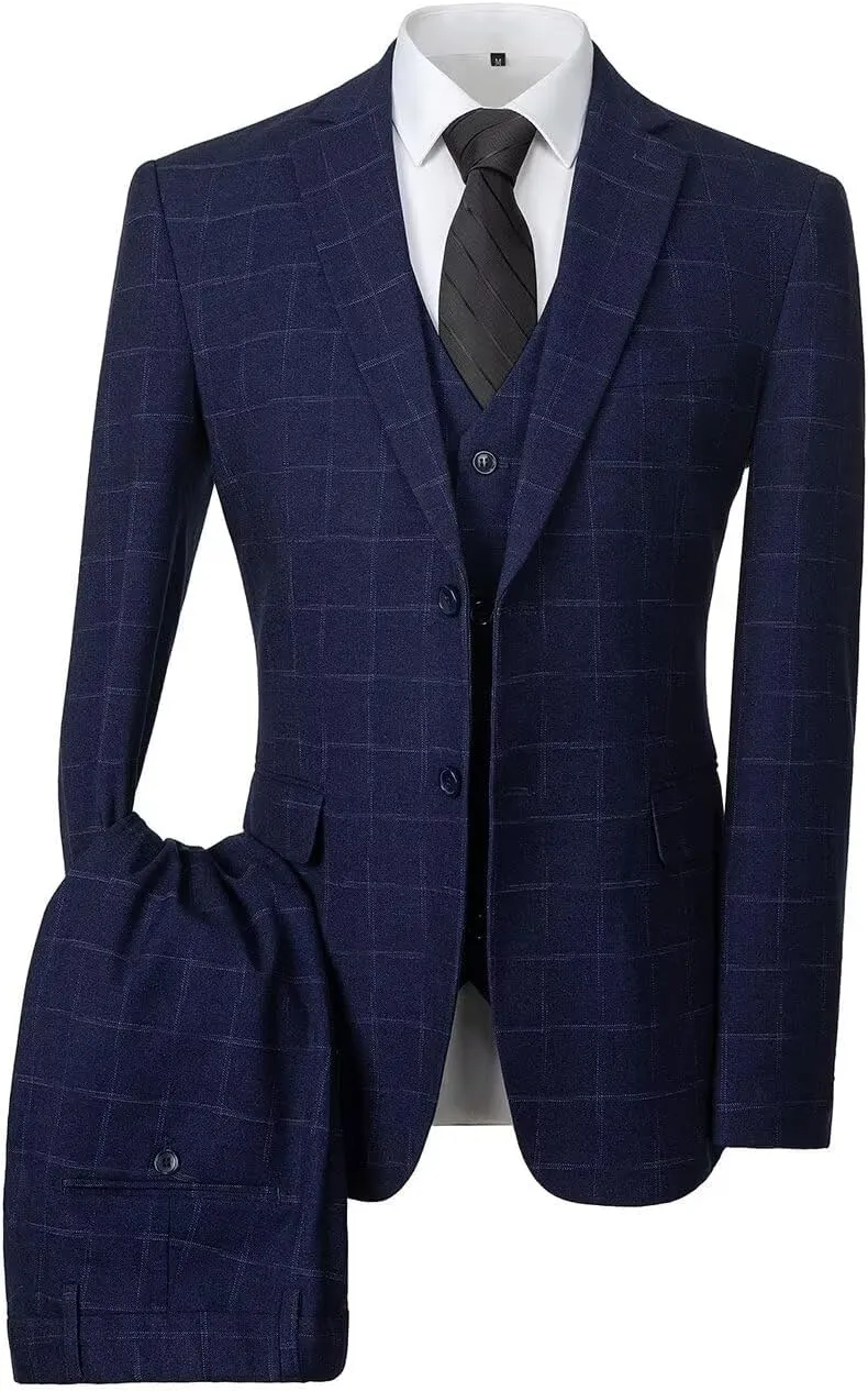 3-Piece Plaid Men Suit Pinstripe 2 Bottons Formal Wedding Suit Classic Tuxedo Mens Suit Set Blazer Jacket Vest Pants