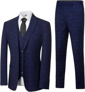 3-Piece Plaid Men Suit Pinstripe 2 Bottons Formal Wedding Suit Classic Tuxedo Mens Suit Set Blazer Jacket Vest Pants