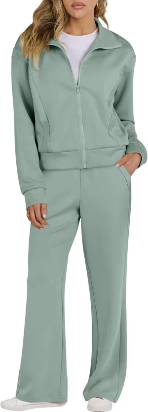 ANRABESS Lounge Sets for Women 2 Piece Outfits Sweatsuit Fall Zip Up Sweatshirts Wide Leg Pants Matching Sweat Set Tracksuit