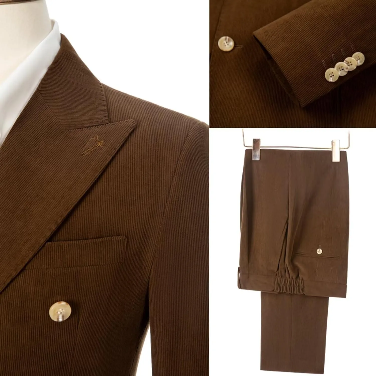 Bakerbear Men Suits 2 Piece Corduroy Peaked Lapel Slim Fit Business Formal Tuxedos Suit for Wedding Prom Jacket Pants Set