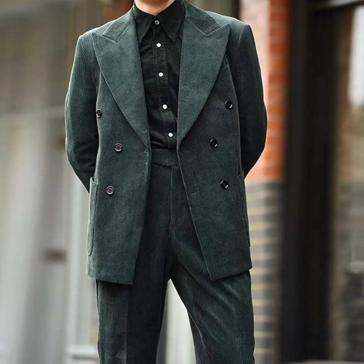 Bakerbear Men Suits 2 Piece Corduroy Peaked Lapel Slim Fit Business Formal Tuxedos Suit for Wedding Prom Jacket Pants Set