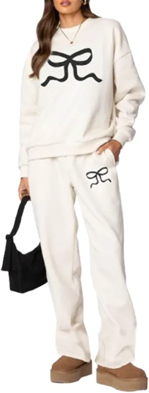 Bow Graphic Sweat Suits for Women 2 Piece Oversized Crewneck Hoodie Wide Leg Sweatpants Matching Tracksuit