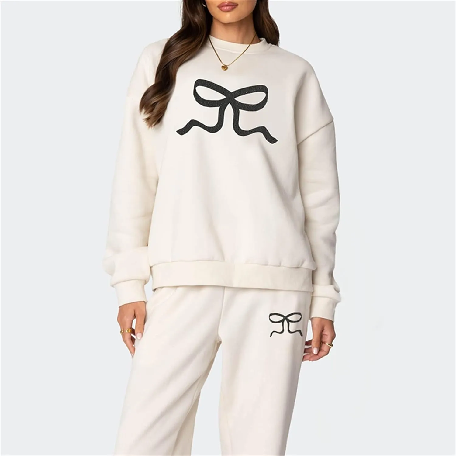 Bow Graphic Sweat Suits for Women 2 Piece Oversized Crewneck Hoodie Wide Leg Sweatpants Matching Tracksuit