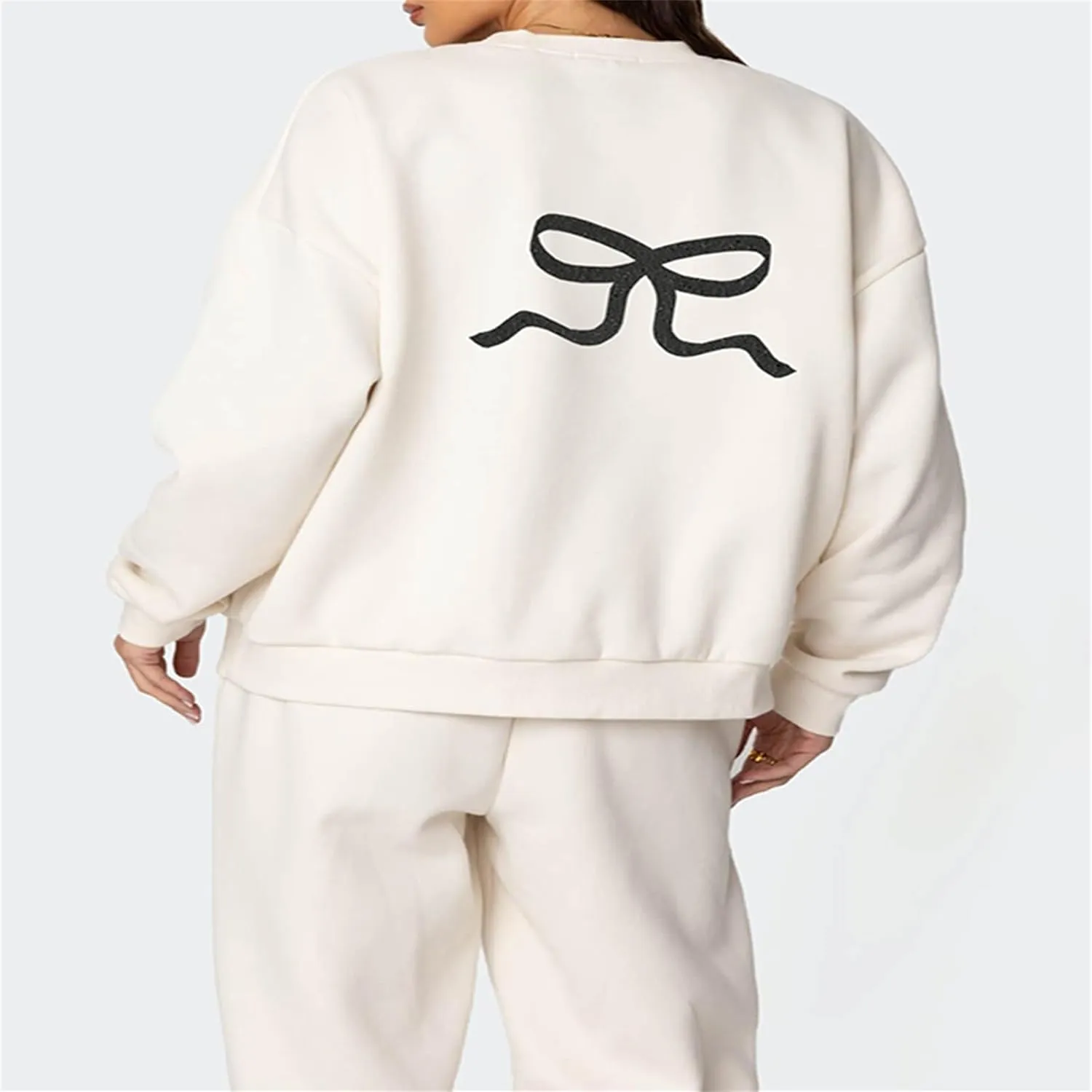 Bow Graphic Sweat Suits for Women 2 Piece Oversized Crewneck Hoodie Wide Leg Sweatpants Matching Tracksuit