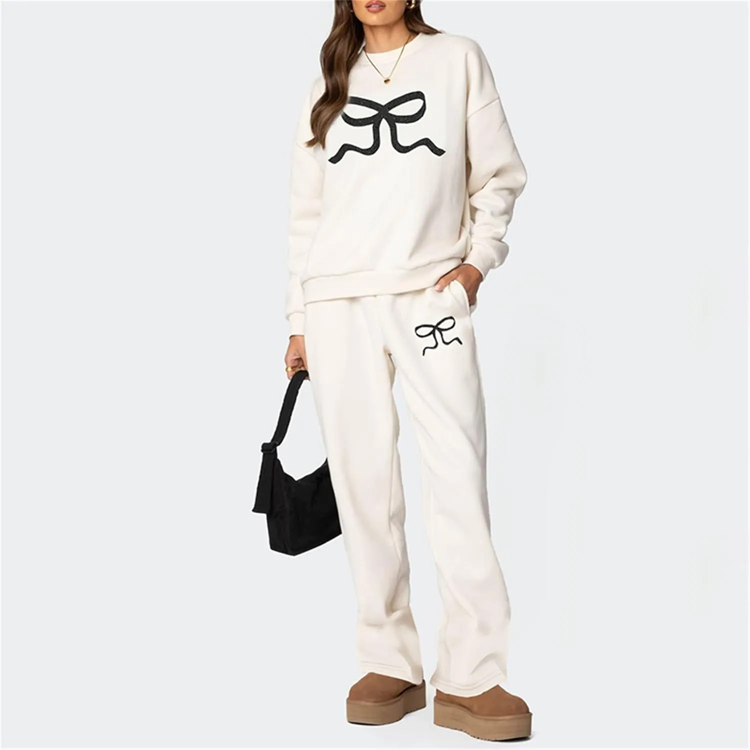 Bow Graphic Sweat Suits for Women 2 Piece Oversized Crewneck Hoodie Wide Leg Sweatpants Matching Tracksuit