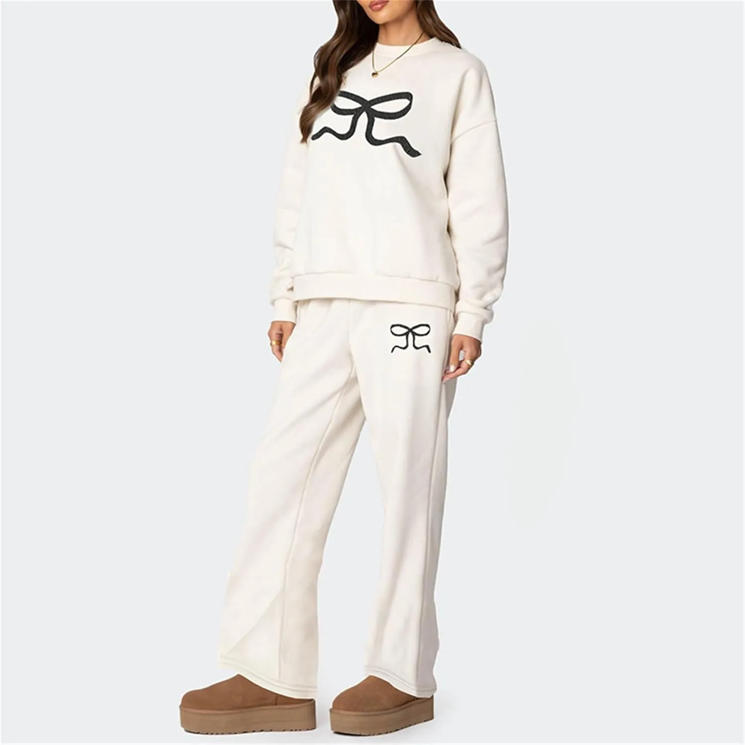 Bow Graphic Sweat Suits for Women 2 Piece Oversized Crewneck Hoodie Wide Leg Sweatpants Matching Tracksuit