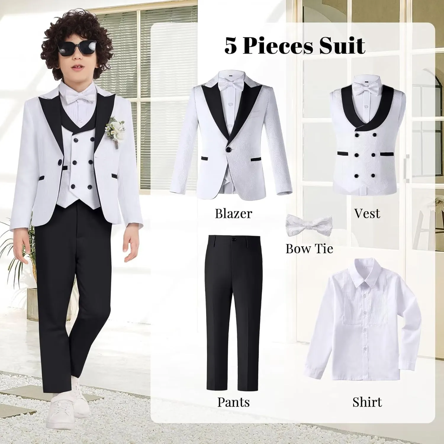Boys Suit Floral Jacquard Suits for Boys Formal Outfit 5 Pcs Wedding Kids Suit Blazer Vest Pants Tie Shirt Set