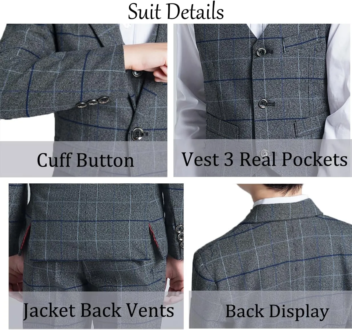Boys Suit Formal Slim Fit Suit Set 5 Piece Kids Boys Tuxedo Plaid Suits Toddler Wedding Party Outfit