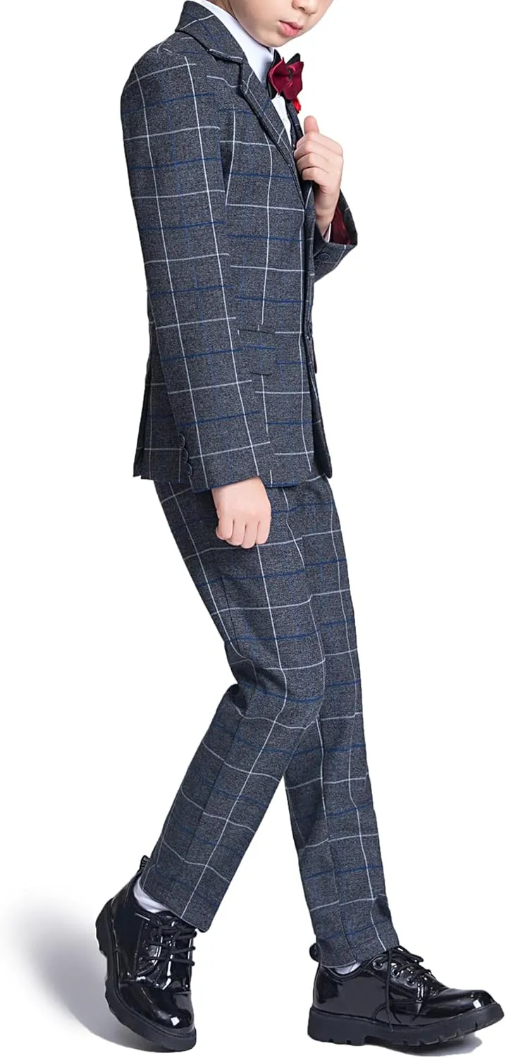 Boys Suit Formal Slim Fit Suit Set 5 Piece Kids Boys Tuxedo Plaid Suits Toddler Wedding Party Outfit