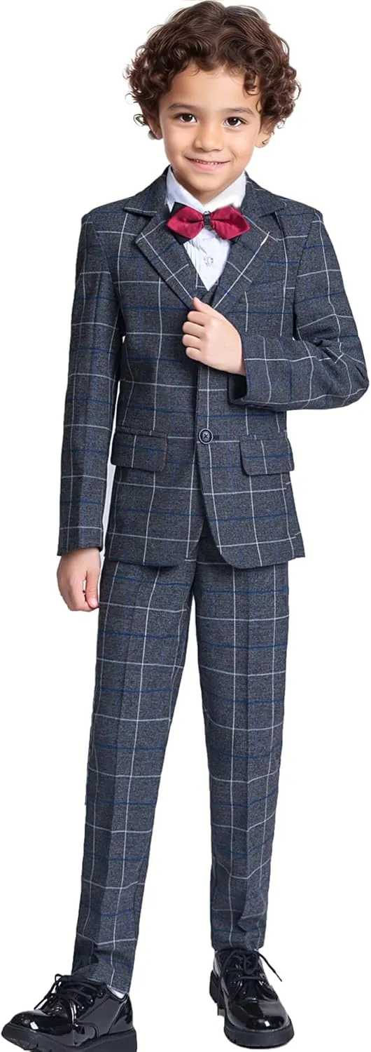 Boys Suit Formal Slim Fit Suit Set 5 Piece Kids Boys Tuxedo Plaid Suits Toddler Wedding Party Outfit