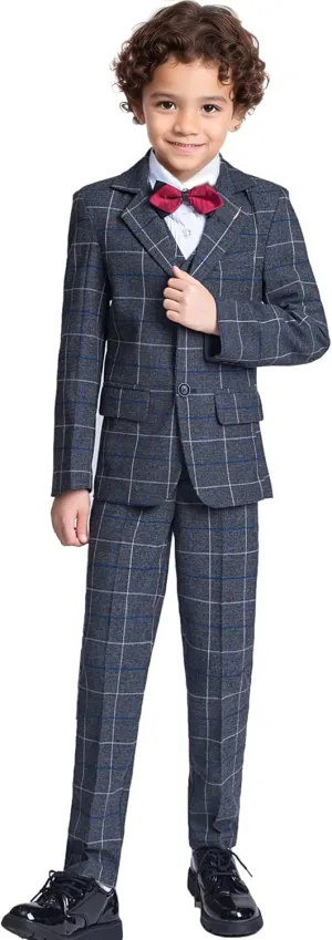 Boys Suit Formal Slim Fit Suit Set 5 Piece Kids Boys Tuxedo Plaid Suits Toddler Wedding Party Outfit