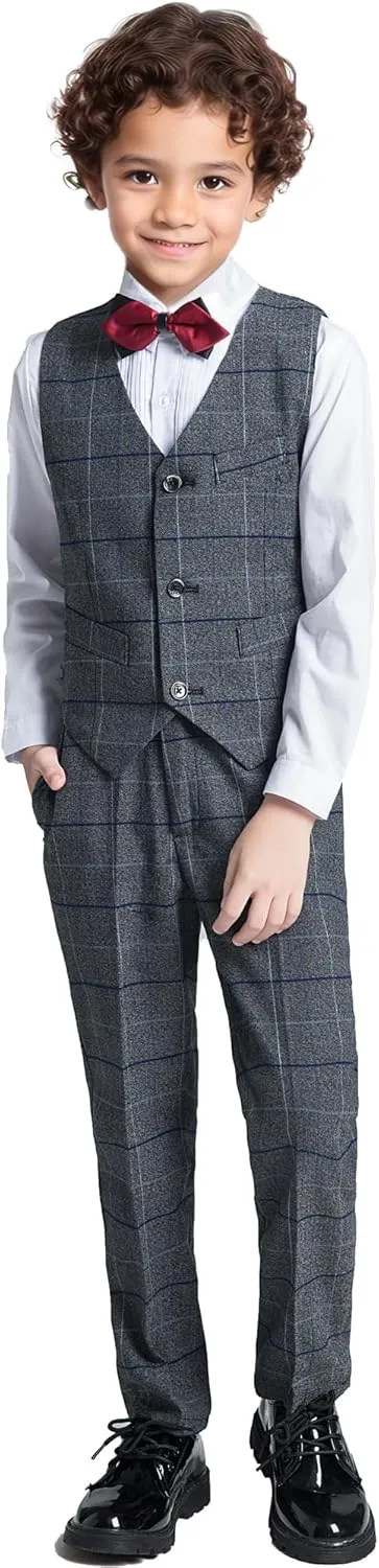 Boys Suit Formal Slim Fit Suit Set 5 Piece Kids Boys Tuxedo Plaid Suits Toddler Wedding Party Outfit