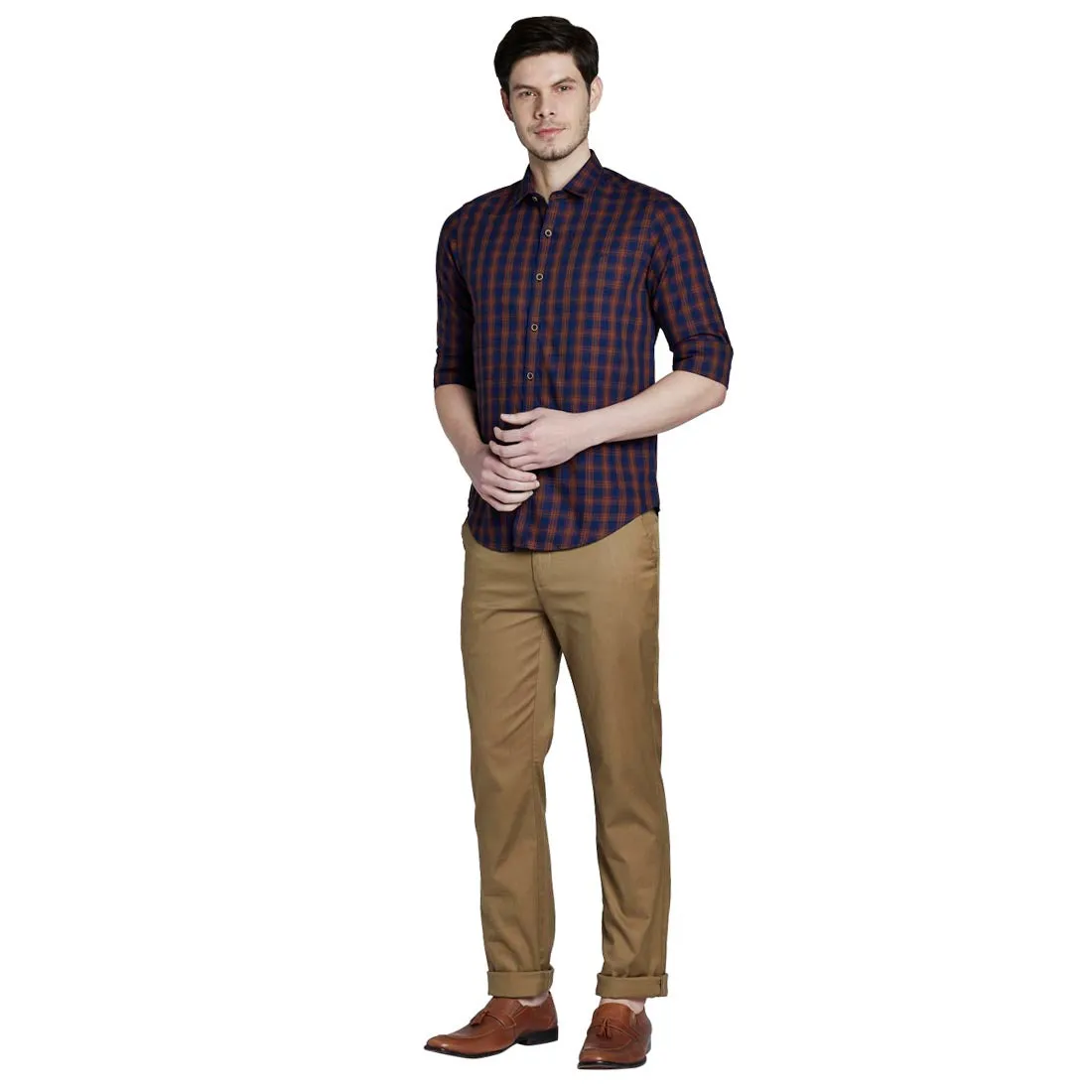 ColorPlus Men Brown Slim Fit Checks Cotton Full Sleeve Shirts