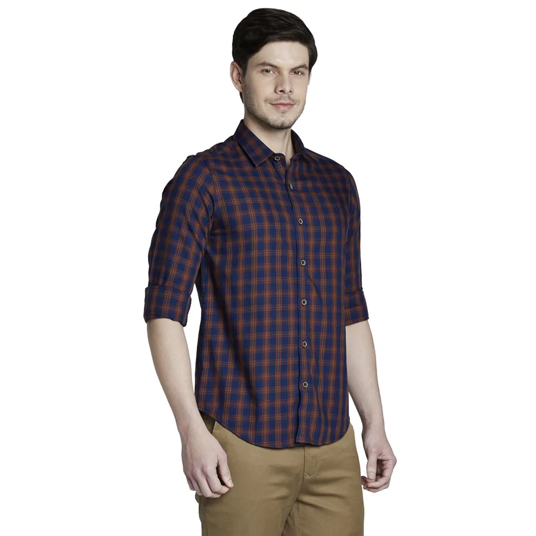 ColorPlus Men Brown Slim Fit Checks Cotton Full Sleeve Shirts