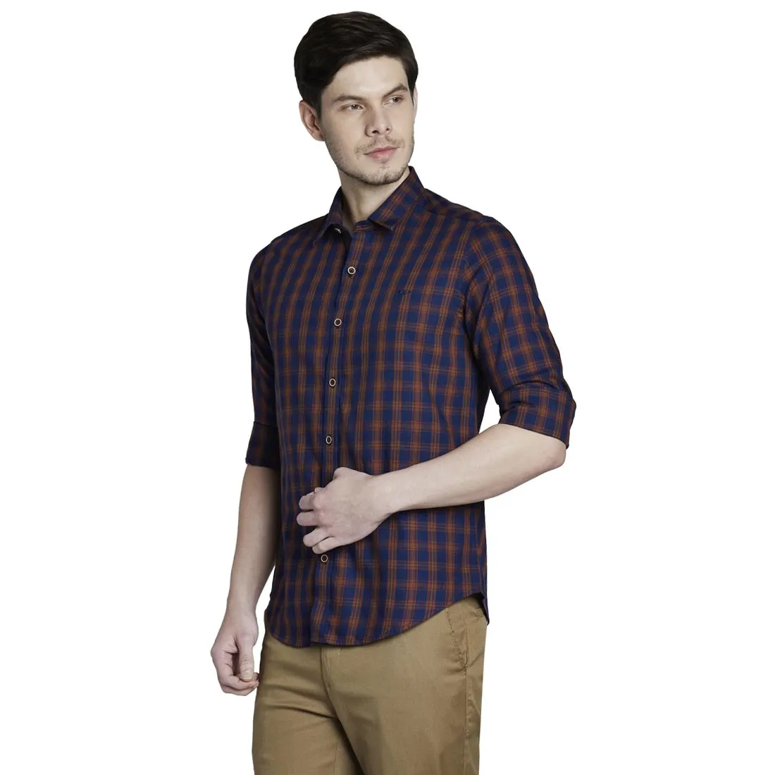 ColorPlus Men Brown Slim Fit Checks Cotton Full Sleeve Shirts