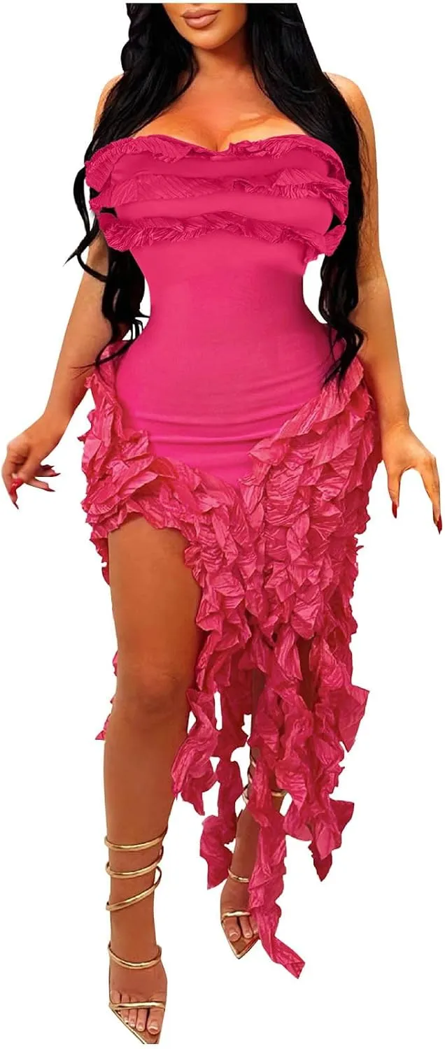 Dresses for Women Sexy Tight Mini Dress Fashion Ruffle Tassels Strapless Evening Prom Soild Gown 2025 New Clothes