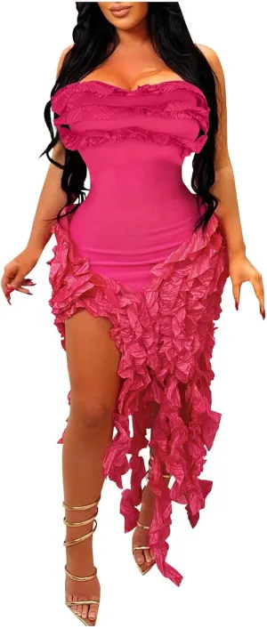 Dresses for Women Sexy Tight Mini Dress Fashion Ruffle Tassels Strapless Evening Prom Soild Gown 2025 New Clothes