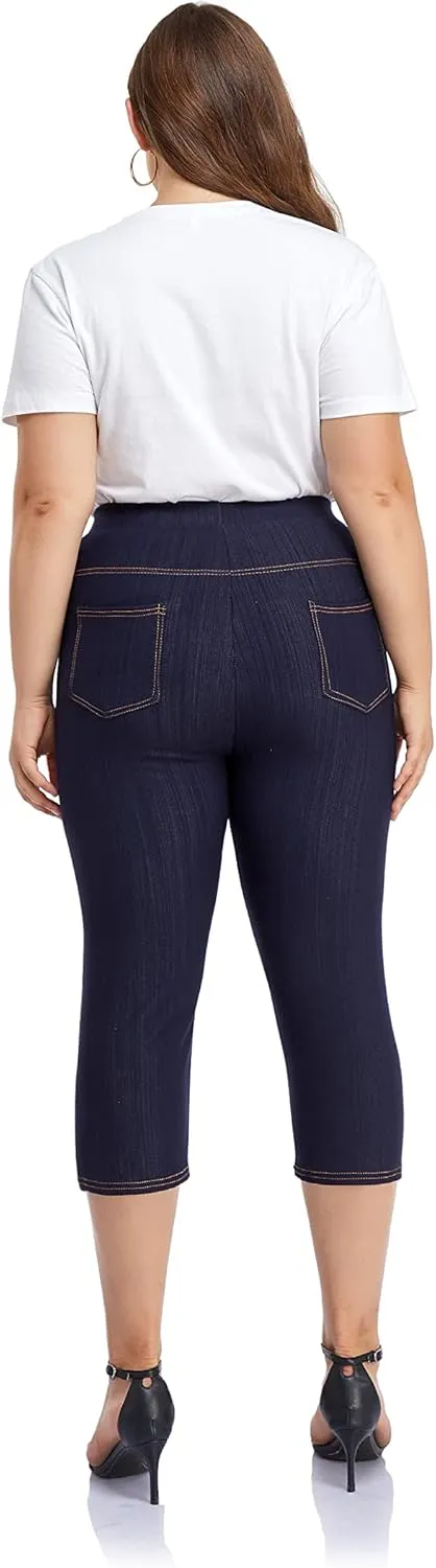 ELISS Women's Plus Size Jean Look Jeggings Stretch High Waisted Denim Skinny Pull-on Capri Pants with Pockets (1X-4X)