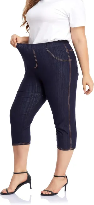 ELISS Women's Plus Size Jean Look Jeggings Stretch High Waisted Denim Skinny Pull-on Capri Pants with Pockets (1X-4X)
