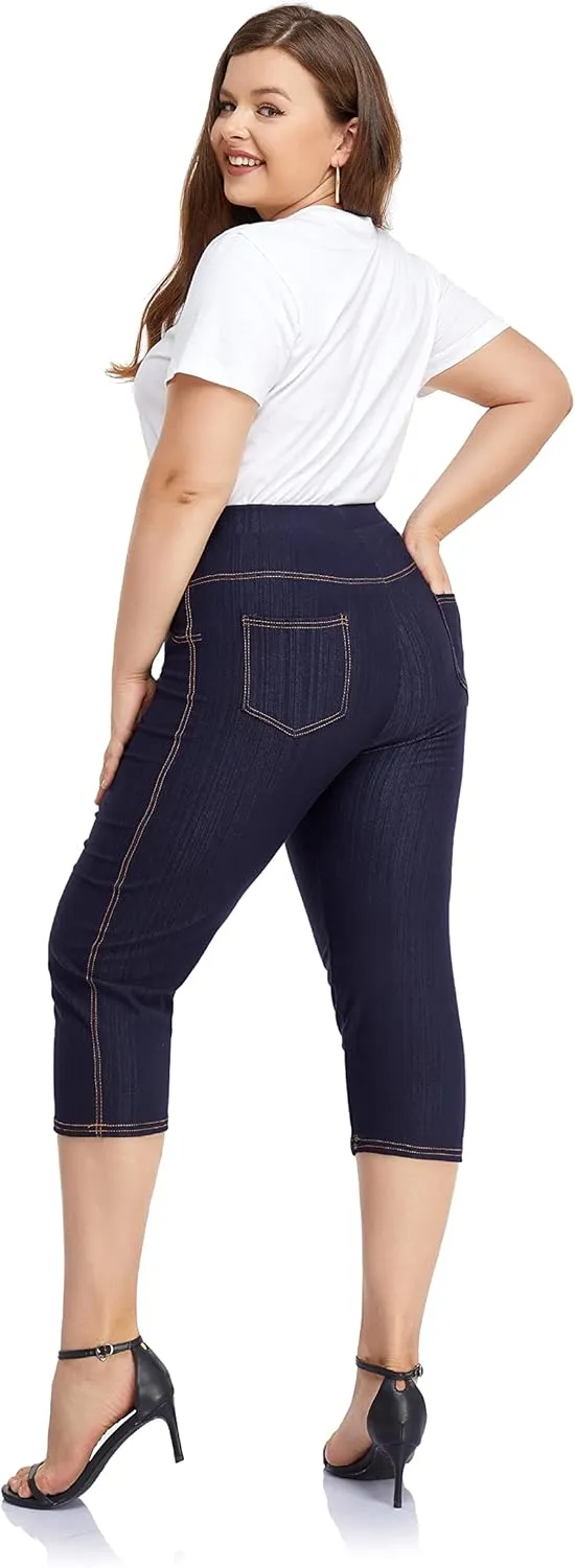 ELISS Women's Plus Size Jean Look Jeggings Stretch High Waisted Denim Skinny Pull-on Capri Pants with Pockets (1X-4X)