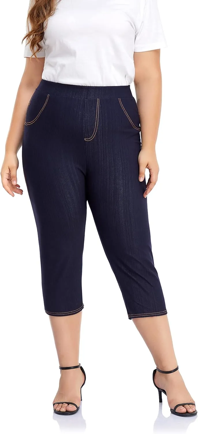 ELISS Women's Plus Size Jean Look Jeggings Stretch High Waisted Denim Skinny Pull-on Capri Pants with Pockets (1X-4X)