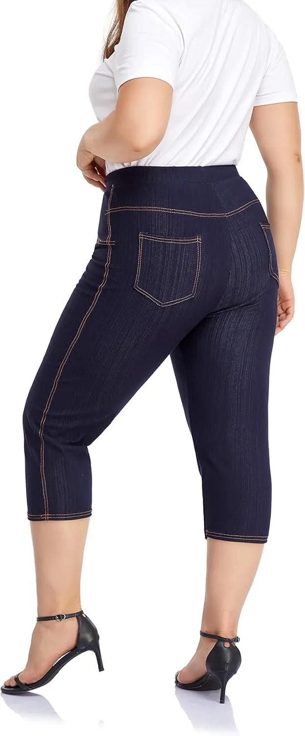 ELISS Women's Plus Size Jean Look Jeggings Stretch High Waisted Denim Skinny Pull-on Capri Pants with Pockets (1X-4X)