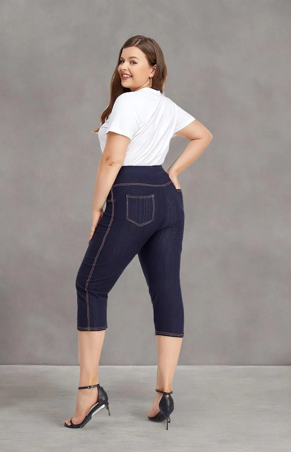 ELISS Women's Plus Size Jean Look Jeggings Stretch High Waisted Denim Skinny Pull-on Capri Pants with Pockets (1X-4X)
