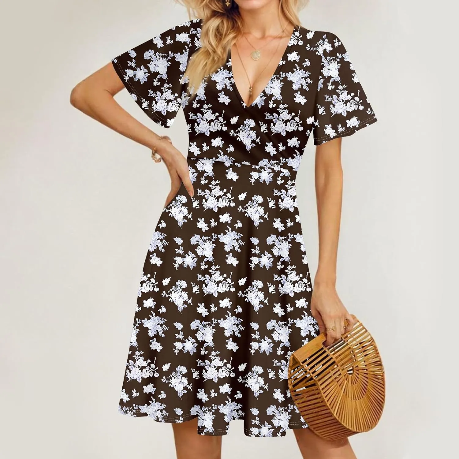 Floral Dress for Women Casual Summer V Neck Short Sleeve Knee Length Wrap Dress Cute Sundresses for Beach Vacation