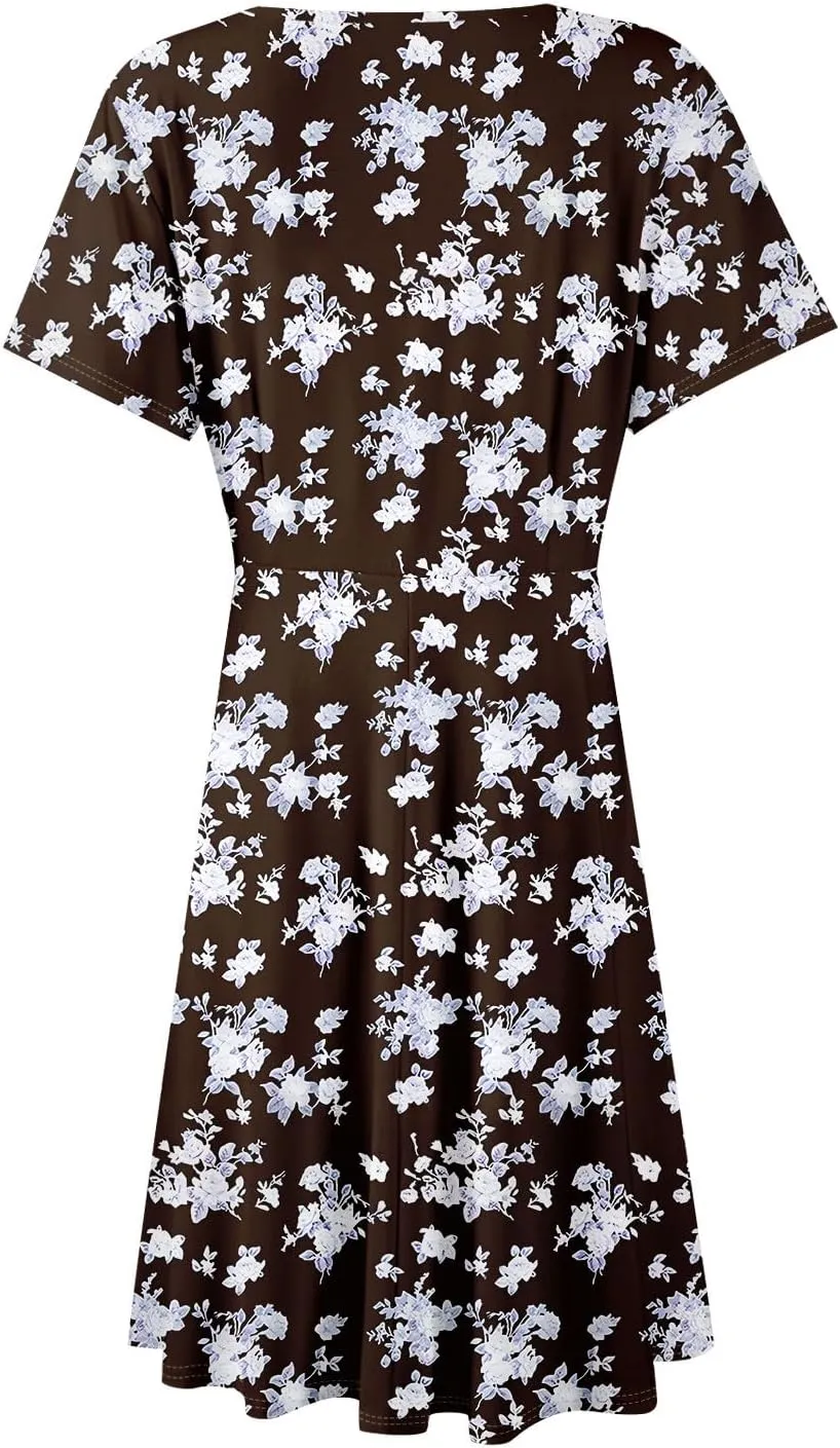 Floral Dress for Women Casual Summer V Neck Short Sleeve Knee Length Wrap Dress Cute Sundresses for Beach Vacation