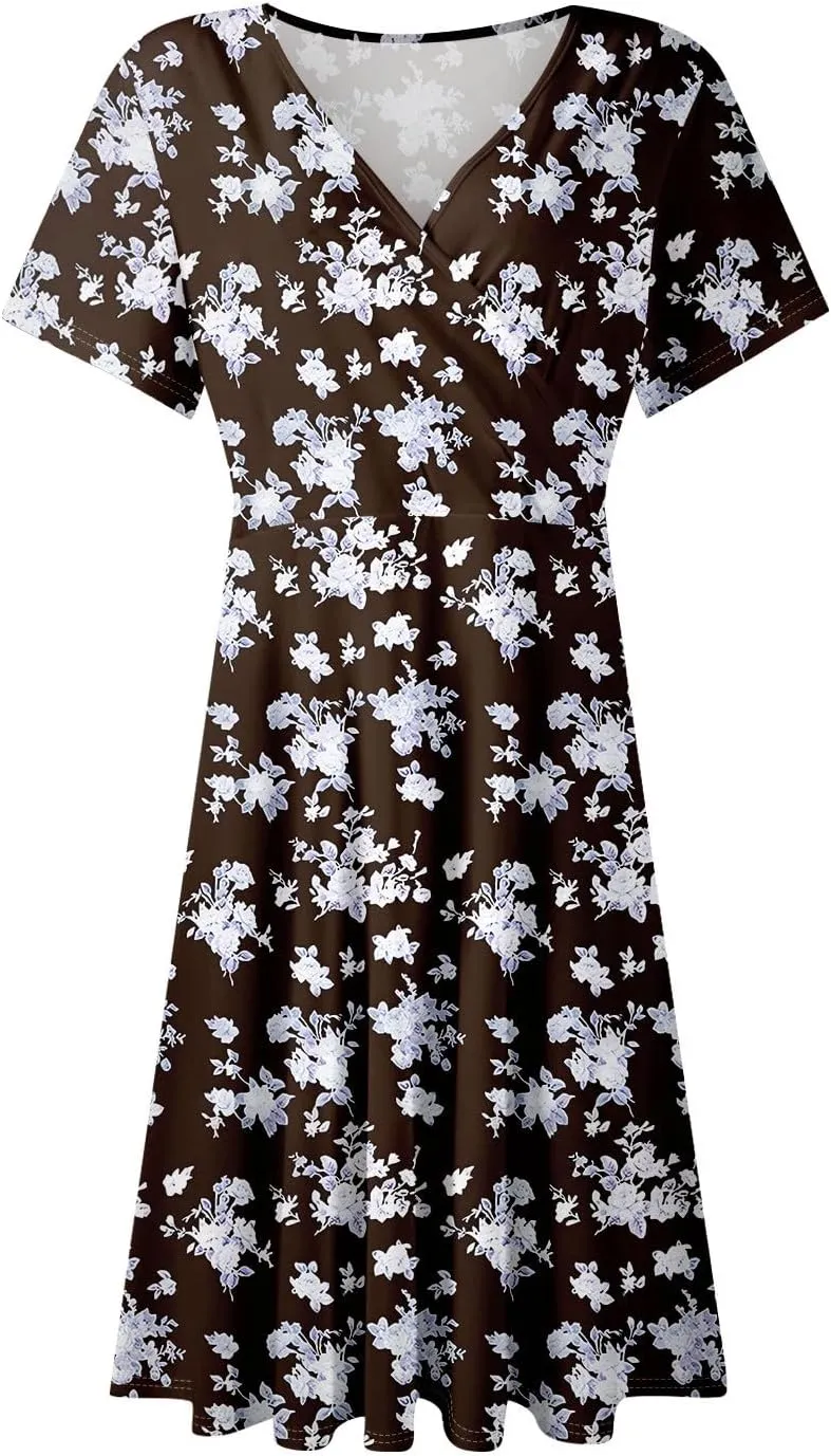 Floral Dress for Women Casual Summer V Neck Short Sleeve Knee Length Wrap Dress Cute Sundresses for Beach Vacation