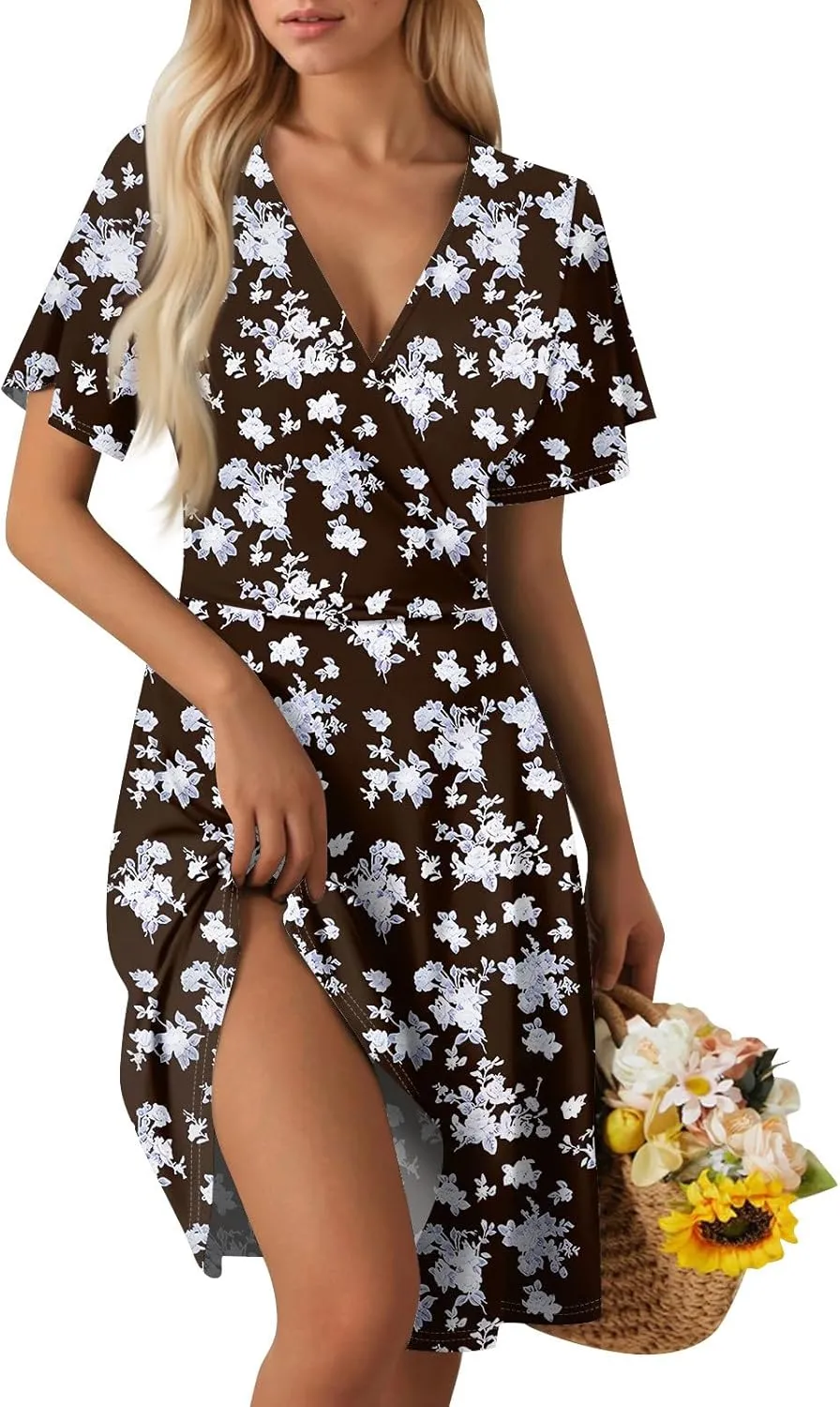 Floral Dress for Women Casual Summer V Neck Short Sleeve Knee Length Wrap Dress Cute Sundresses for Beach Vacation