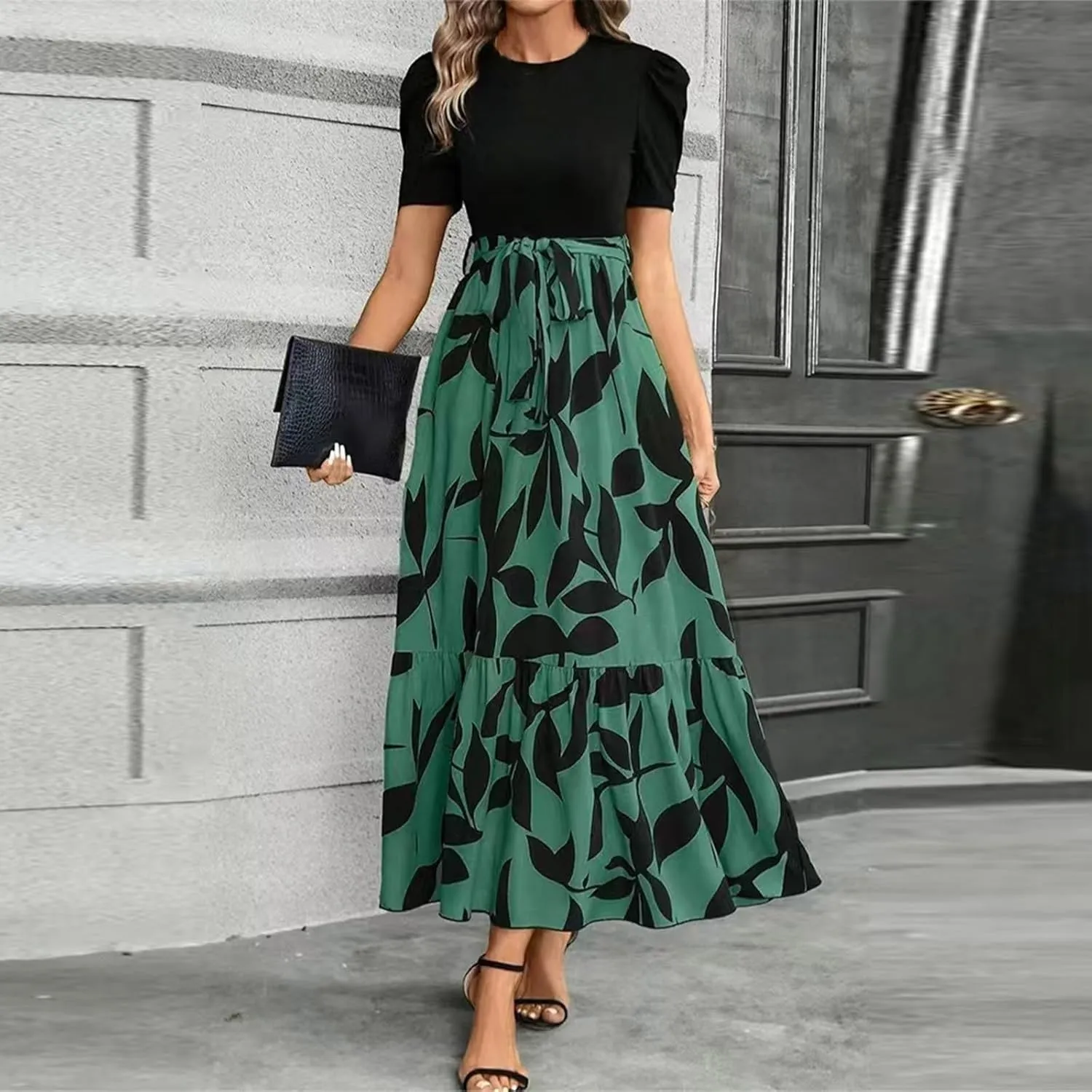 Floral Maxi Dress for Women Summer Wedding Guest Short Sleeve Empire Waist Tie Front Belted Patchwork Wrap Dress