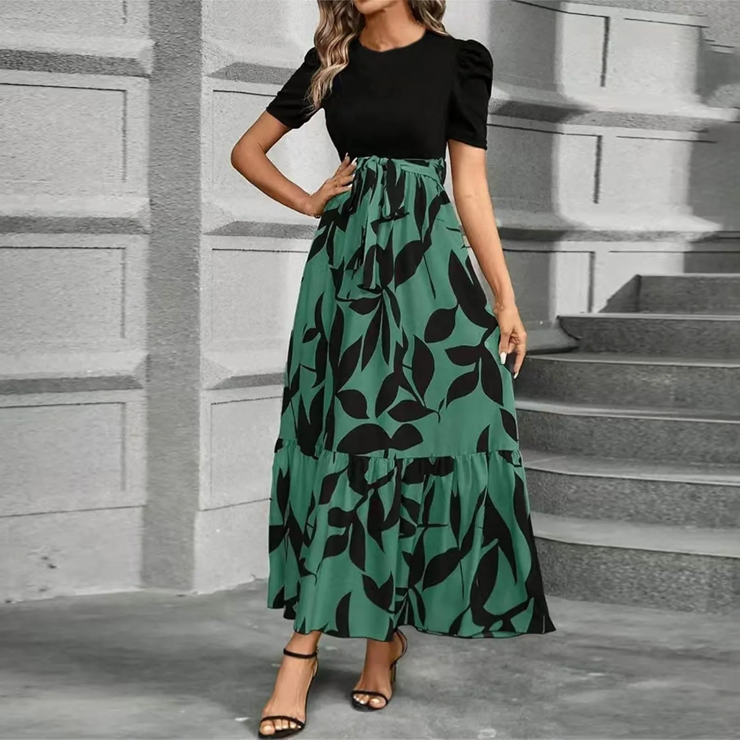 Floral Maxi Dress for Women Summer Wedding Guest Short Sleeve Empire Waist Tie Front Belted Patchwork Wrap Dress