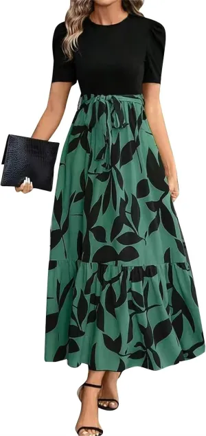 Floral Maxi Dress for Women Summer Wedding Guest Short Sleeve Empire Waist Tie Front Belted Patchwork Wrap Dress