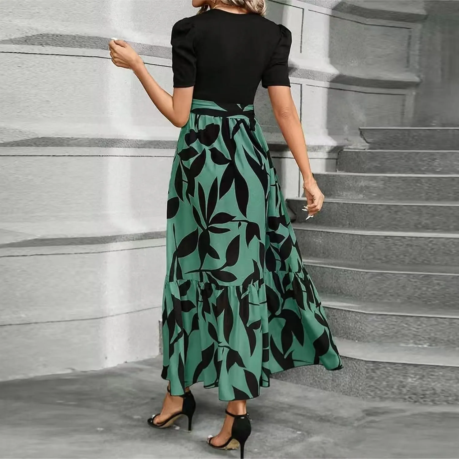 Floral Maxi Dress for Women Summer Wedding Guest Short Sleeve Empire Waist Tie Front Belted Patchwork Wrap Dress