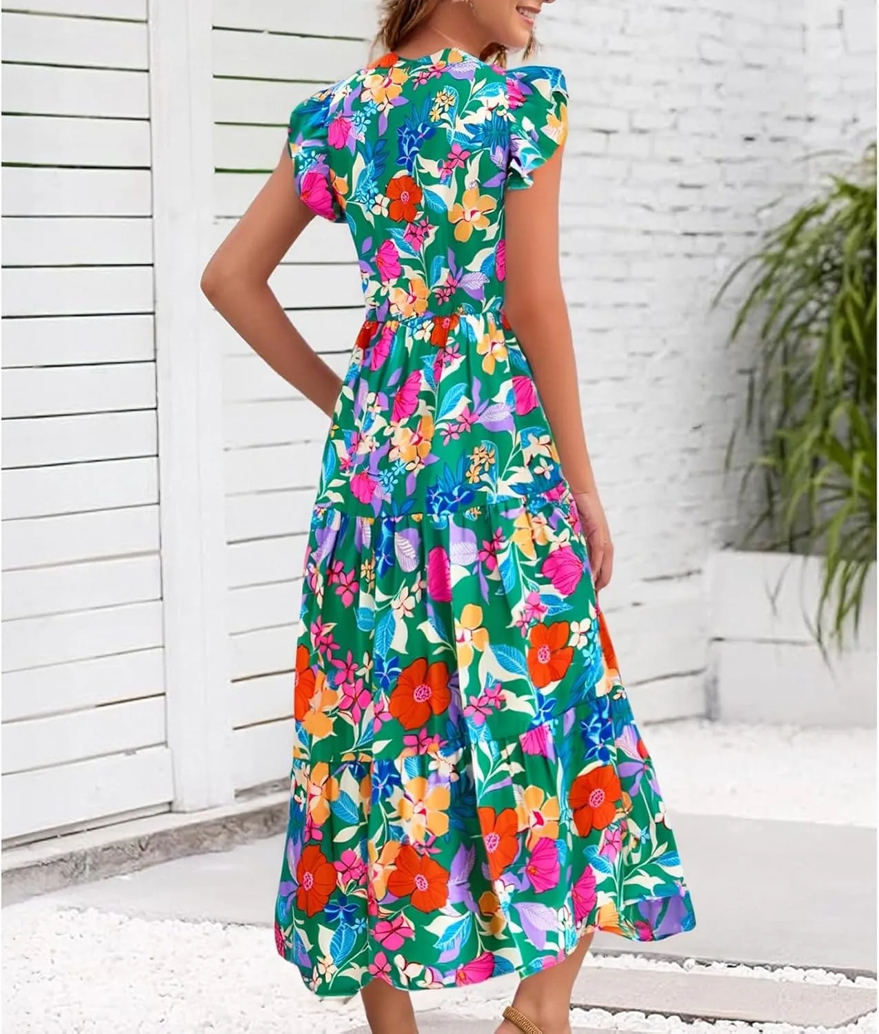 Floral Maxi Dress Summer Wedding Guest V Neck Cap Sleeve Smocked A Line Dress Elegant Colorful Flower Tea Length Dresses
