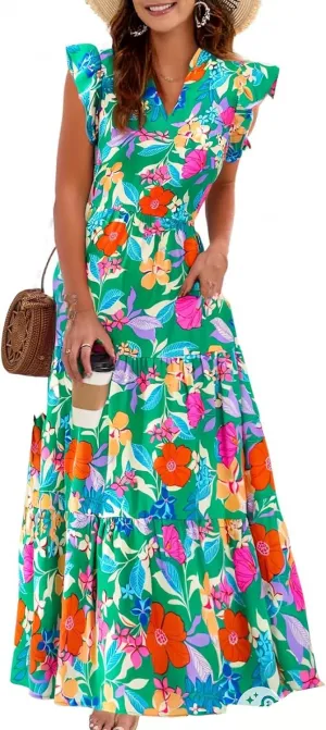 Floral Maxi Dress Summer Wedding Guest V Neck Cap Sleeve Smocked A Line Dress Elegant Colorful Flower Tea Length Dresses
