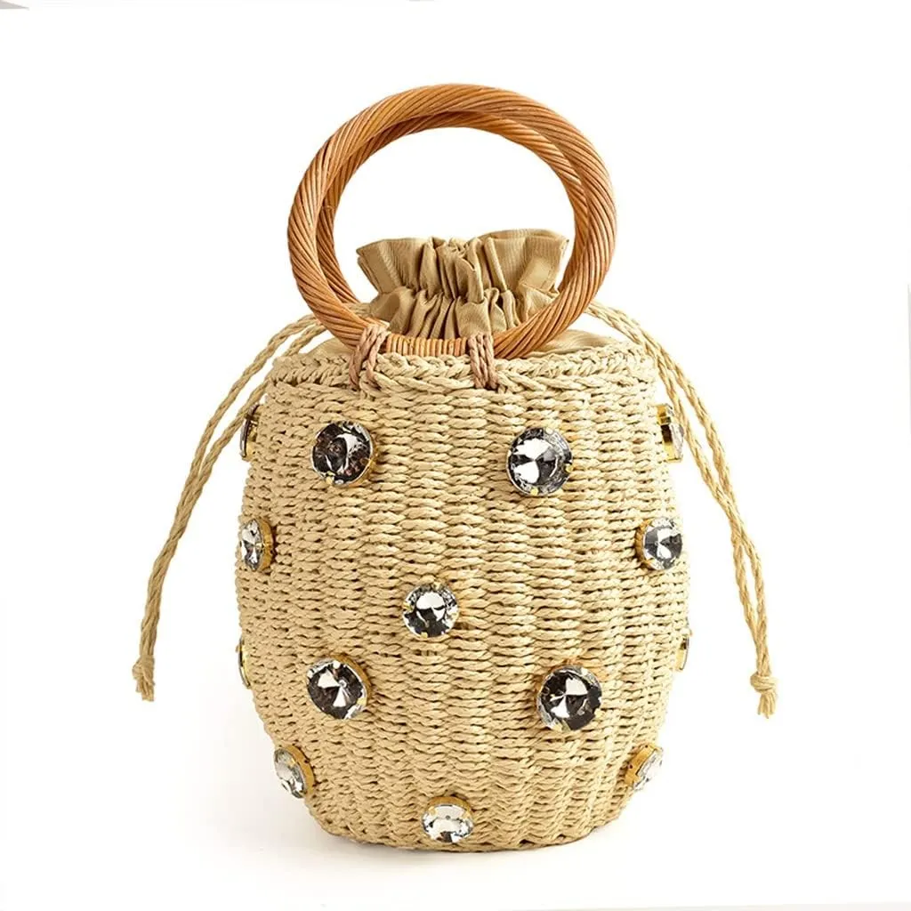 Handmade Embellished Straw Bag Small Straw Bucket Bags Lady Travel Purses and Handbags (Color : C)