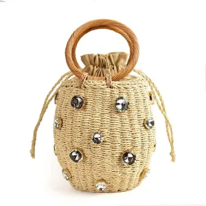Handmade Embellished Straw Bag Small Straw Bucket Bags Lady Travel Purses and Handbags (Color : C)