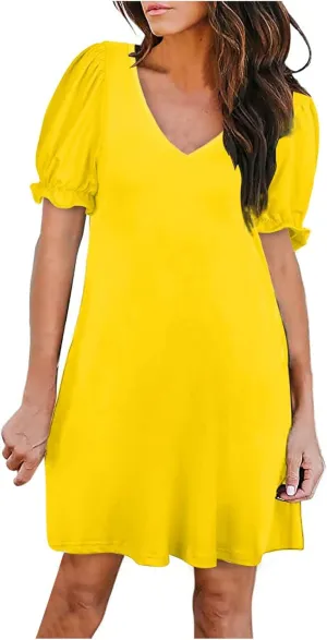 HGps8w Women's 2025 Casual Summer Dresses Cute Ruffle Hem V Neck Short Sleeve Solid Color A-Line Beach Sundress with Pockets