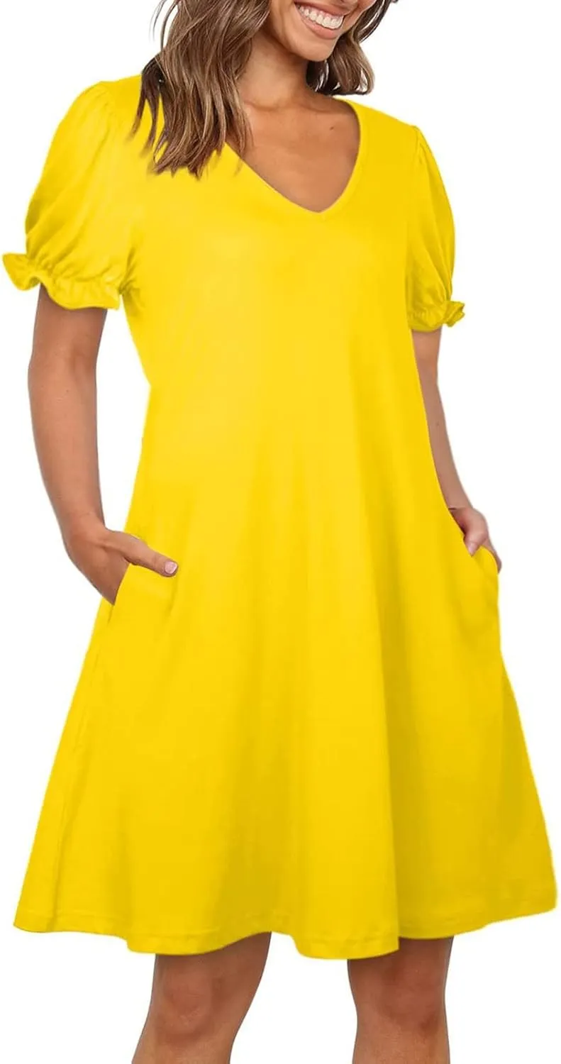 HGps8w Women's 2025 Casual Summer Dresses Cute Ruffle Hem V Neck Short Sleeve Solid Color A-Line Beach Sundress with Pockets