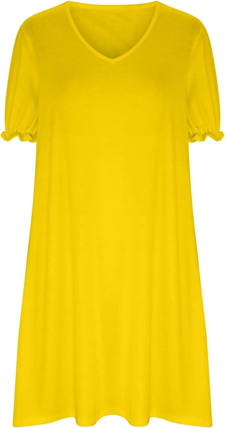 HGps8w Women's 2025 Casual Summer Dresses Cute Ruffle Hem V Neck Short Sleeve Solid Color A-Line Beach Sundress with Pockets