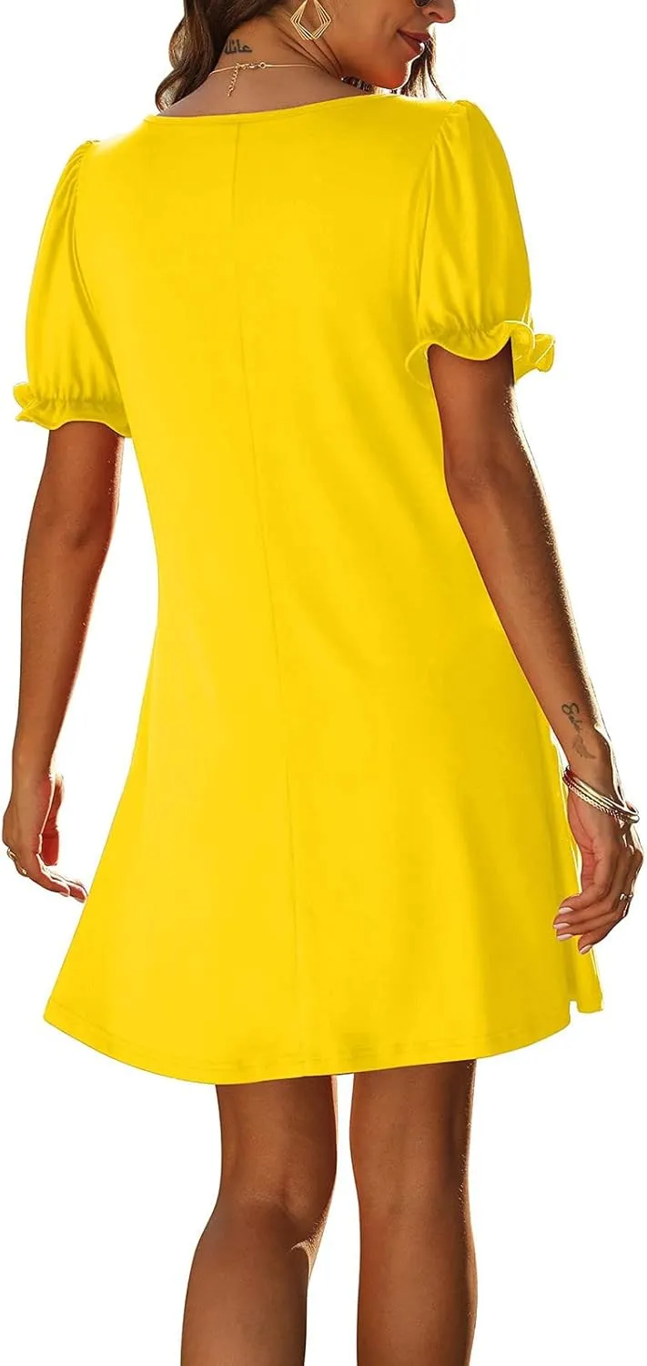 HGps8w Women's 2025 Casual Summer Dresses Cute Ruffle Hem V Neck Short Sleeve Solid Color A-Line Beach Sundress with Pockets
