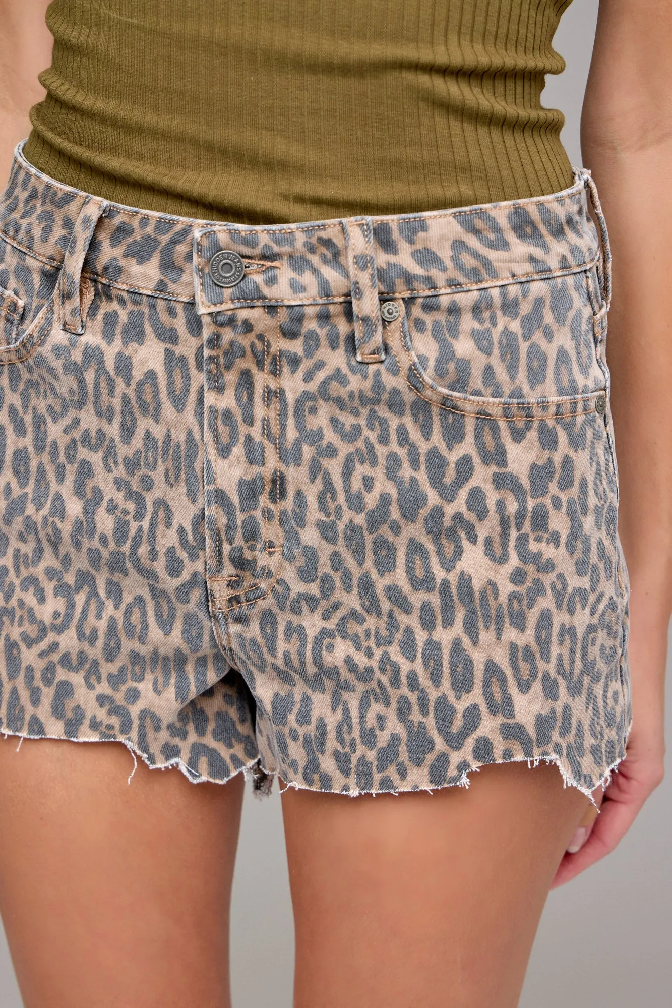 Hidden Jeans Cheetah Print Jagged Hem Shorts  3" Inseam