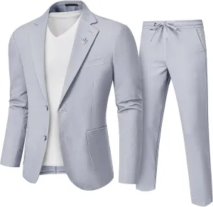 Hihawk Men's Linen Suit 2 Pieces Regular Fit, Two Buttons Lightweight Jacket and Pants for Beach Wedding, Summer Time, Prom