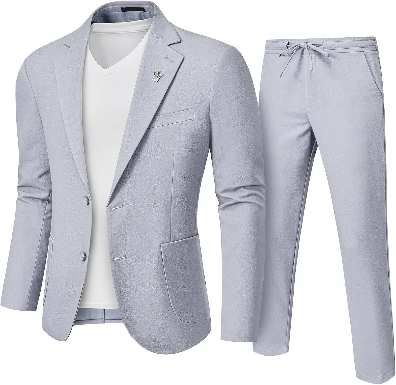 Hihawk Men's Linen Suit 2 Pieces Regular Fit, Two Buttons Lightweight Jacket and Pants for Beach Wedding, Summer Time, Prom