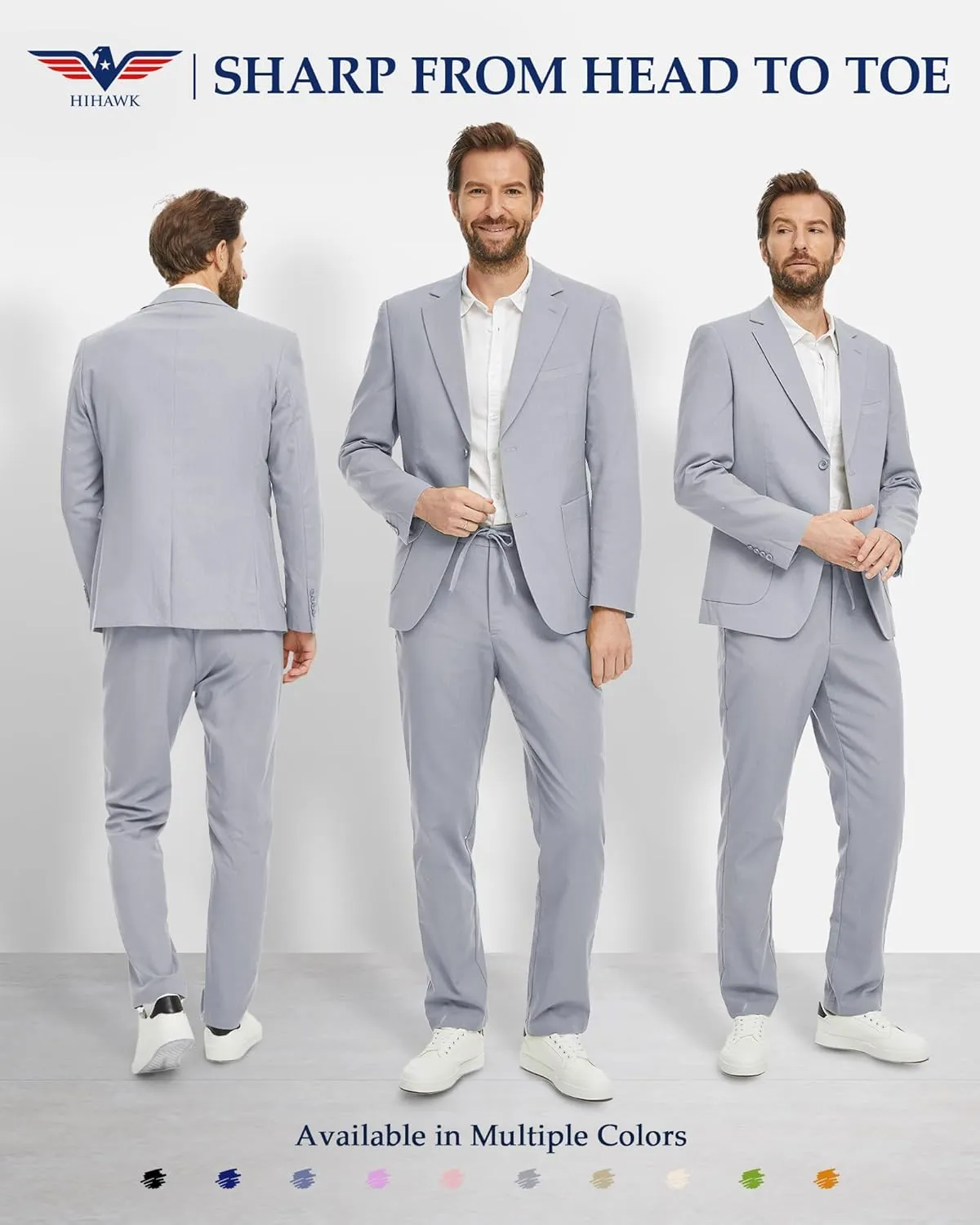 Hihawk Men's Linen Suit 2 Pieces Regular Fit, Two Buttons Lightweight Jacket and Pants for Beach Wedding, Summer Time, Prom